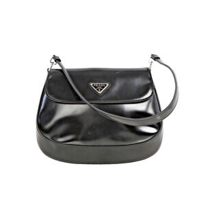 PRADA Cleo Black Spazzolato Leather Small Flap Shoulder Bag